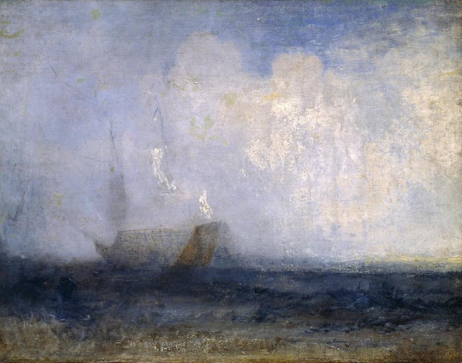 J. M. W. Turner, Seascape with a Sailing Boat and a Ship, c.1825–30. Oil on canvas, 46.7 × 61 cm. The Tate Gallery, London.jpg