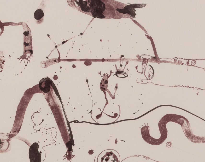 John Olsen, Birds and Frog at Lake Eyre, 1975. Lithograph printed in brown & purple inks on paper, 80 x 121 cm. Art Gallery of South Australia, Adelaide